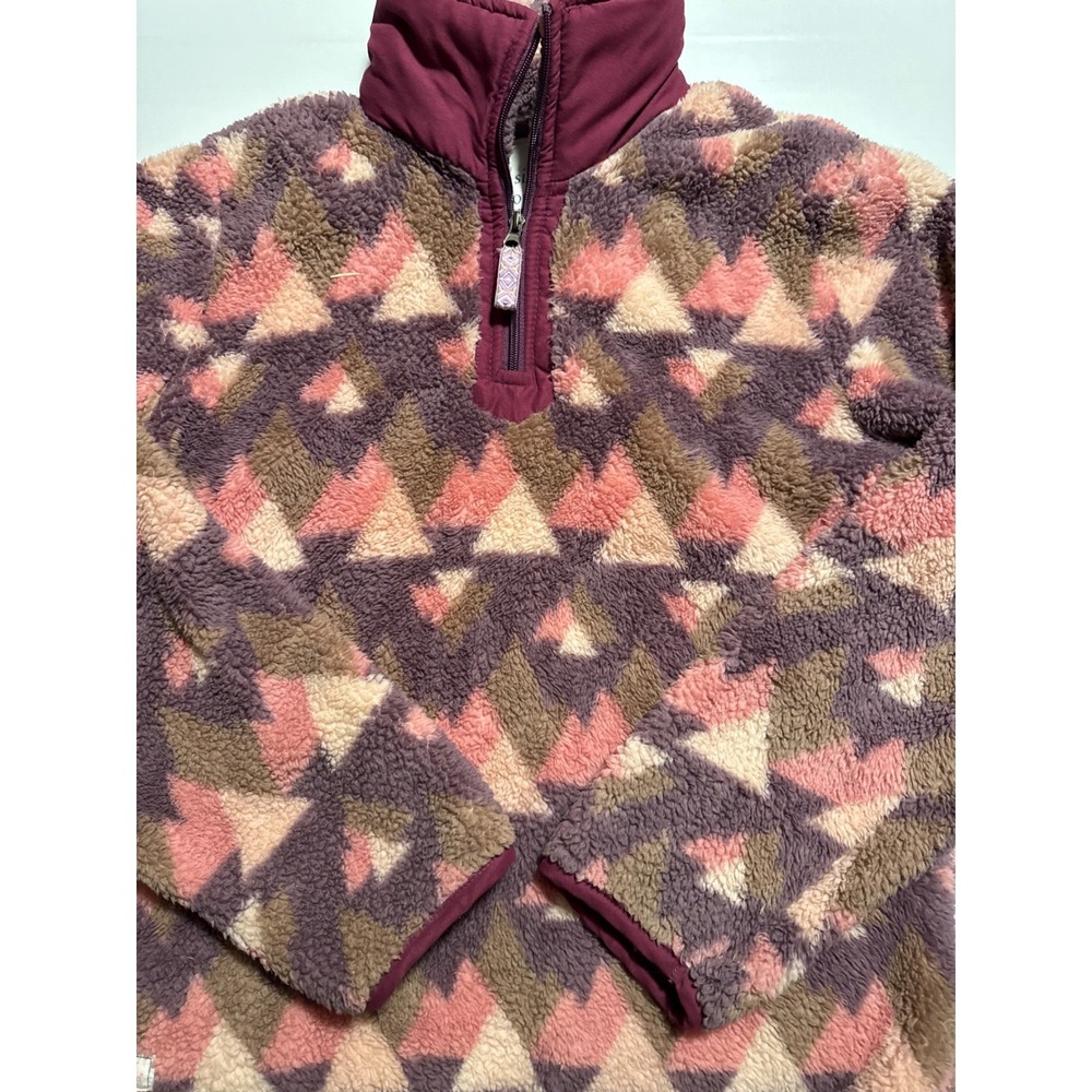 Simply Southern Women‎ Sherpa Quarter Zip Pullover Geometric Burgundy Pink Tan L